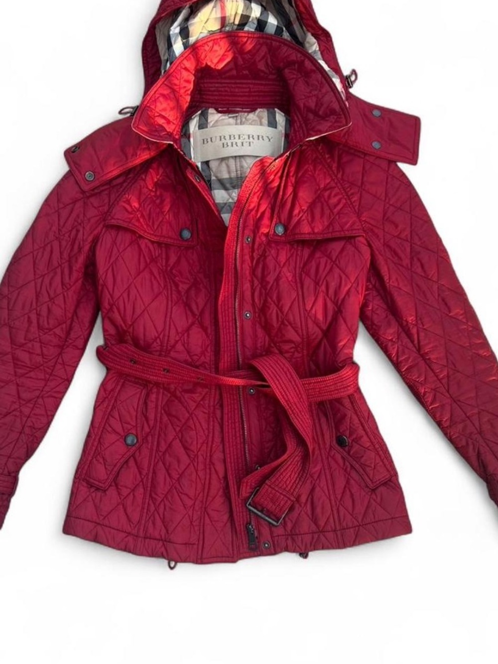 Burberry Quilted Puffer Red Jacket with Signature Check Lining